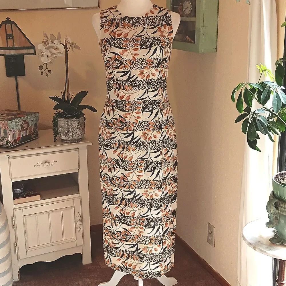 Vintage. Adrianna Papell Animal Print Silk Linen Dress.  Tropical Jungle